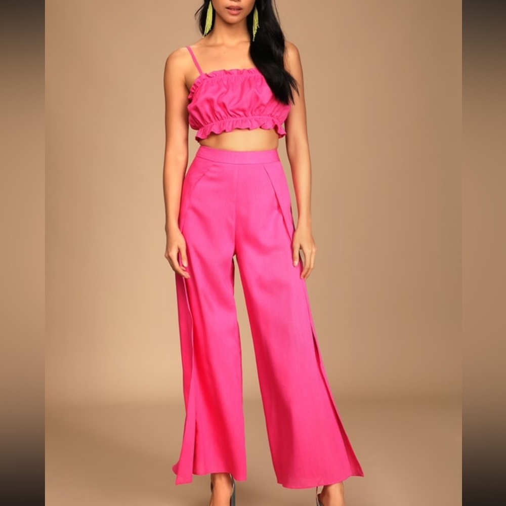 Lulu’s Postcard From Me Hot Pink Ruffled Two-Piece Jumpsuit